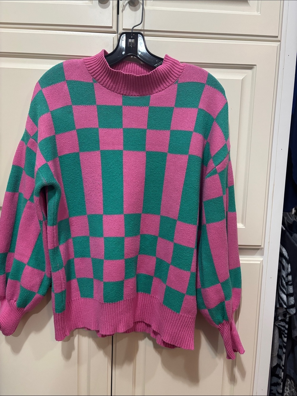 Woman’s Checkerboard Crewneck Sweater in Pink & Green